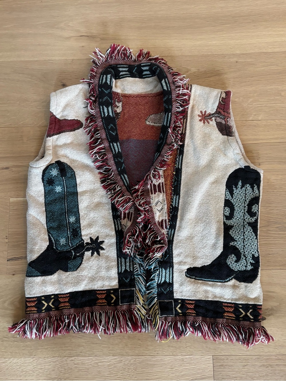 Upcycled Vintage Cowboy Boot Blanket Vest, Western, Rare, Country, Fringe, L